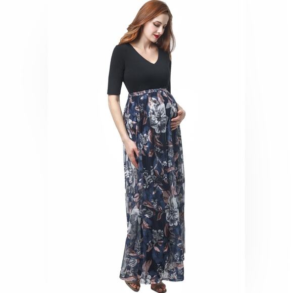 Kimi + Kai Maternity "Annabelle" V-Neck Mesh Print Maxi Dress size Small (b17) - Picture 2 of 6